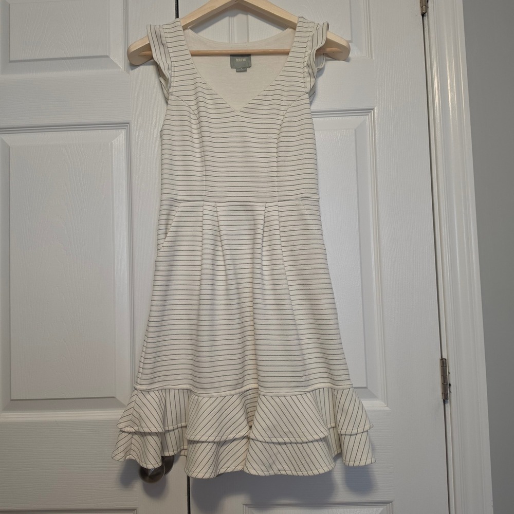 Maeve Anthropologie Striped Ruffle Cap Sleeve Fit & Flare Dress Ivory Size 4
